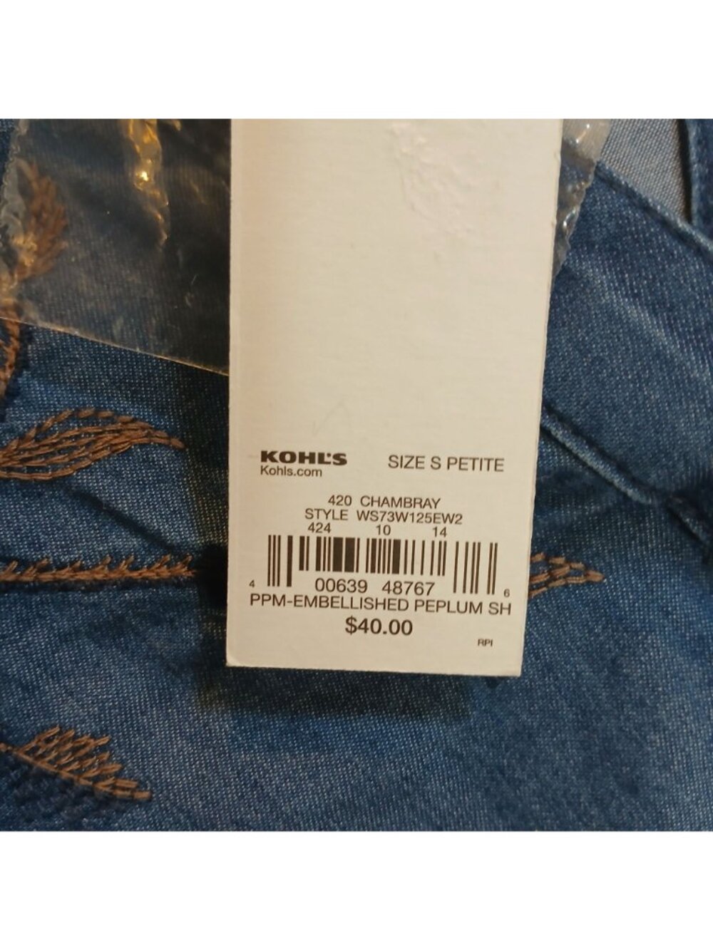 Sonoma Goods For Life Womens PS Chambray Embroidered Peplum Shirt  Blue NWT #D33 - Picture 5 of 9
